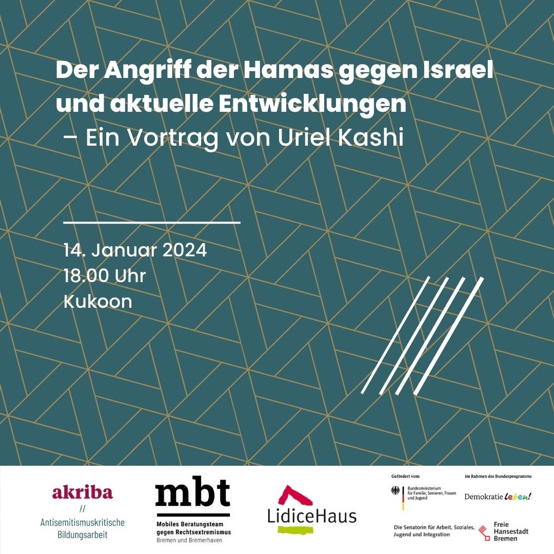 Gemeinsam mit <a href="/AkribaBremen/">akriba - Antisemitismuskritische Bildungsarbeit</a> freuen wir uns, am 14.01. <a href="/UrielKashi/">Uriel Kashi | אוריאל קשי</a> im <a href="/Kukoon_bremen/">Kukoon</a> zu begrüßen.
Mit dem Vortrag "Der Angriff der Hamas gegen Israel und aktuelle Entwicklungen" beleuchtet er den Terrorangriff vom 07.10. sowie folgende Ereignisse.
➡️fobi.jugendinfo.de/articles/361008
#Bremen