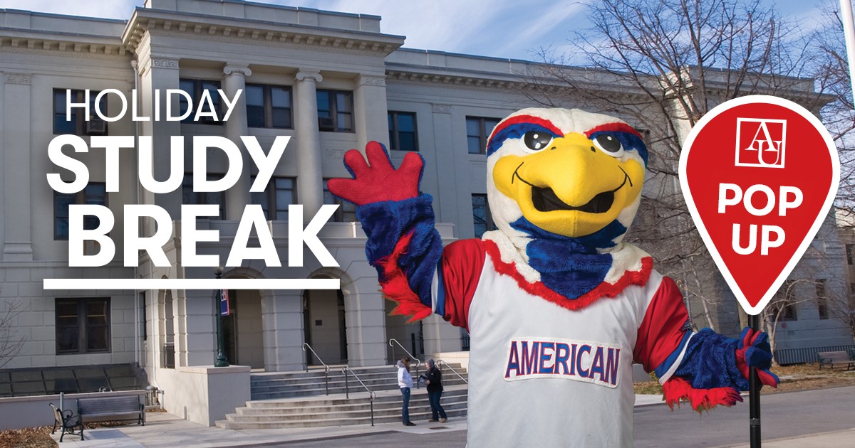 Eagles: Join me at 2 p.m. in the Letts-Anderson Quad for a study break! Let's all take a moment to breathe deeply! I'll be giving out hot chocolate, cookies, and free @AmericanU mugs to the first 150 students.