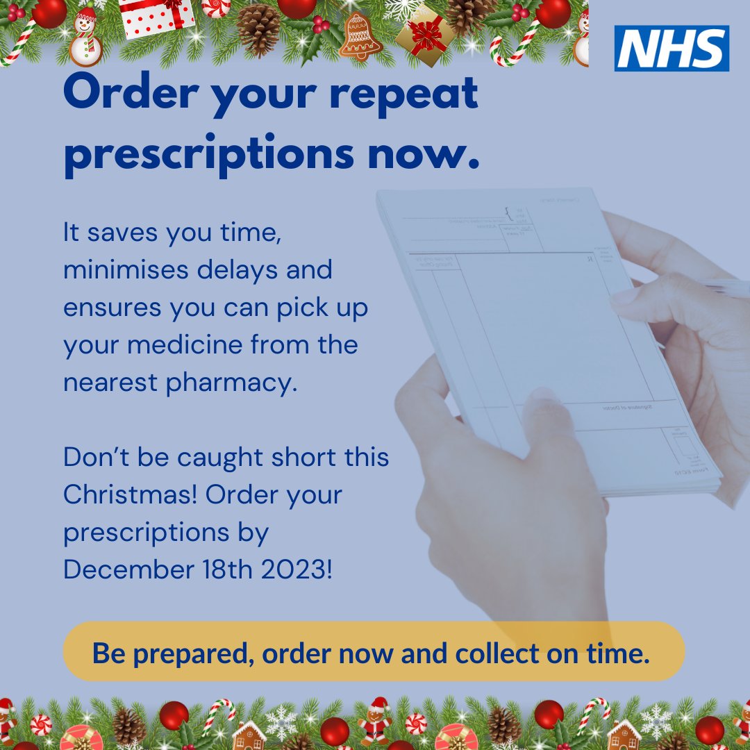 midnottspbp's tweet image. #TeamMidNotts: Order your repeat prescription now ahead of the Christmas holiday. 🎄

It saves you time, minimises delay and ensures you can pick up your medicine from the nearest pharmacy.  💊

Be prepared and collect on time ➡️ 

nhs.uk/nhs-services/o…