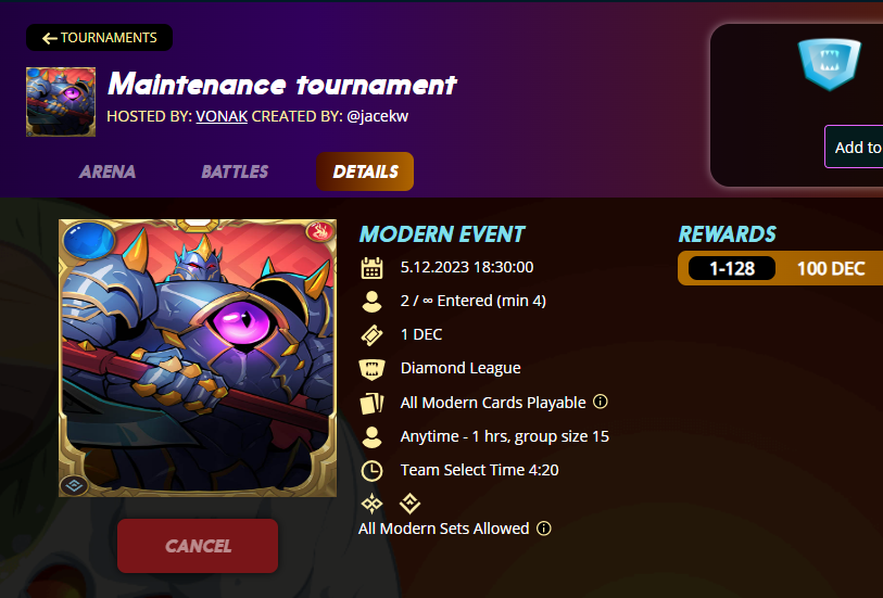 JacekW_SL's tweet photo. I created a fast 1 hour (single round) tournament for people bored because of maintenance. https://t.co/RZ4Hvfs59b
#splinterlands https://t.co/9n7r65ddlG