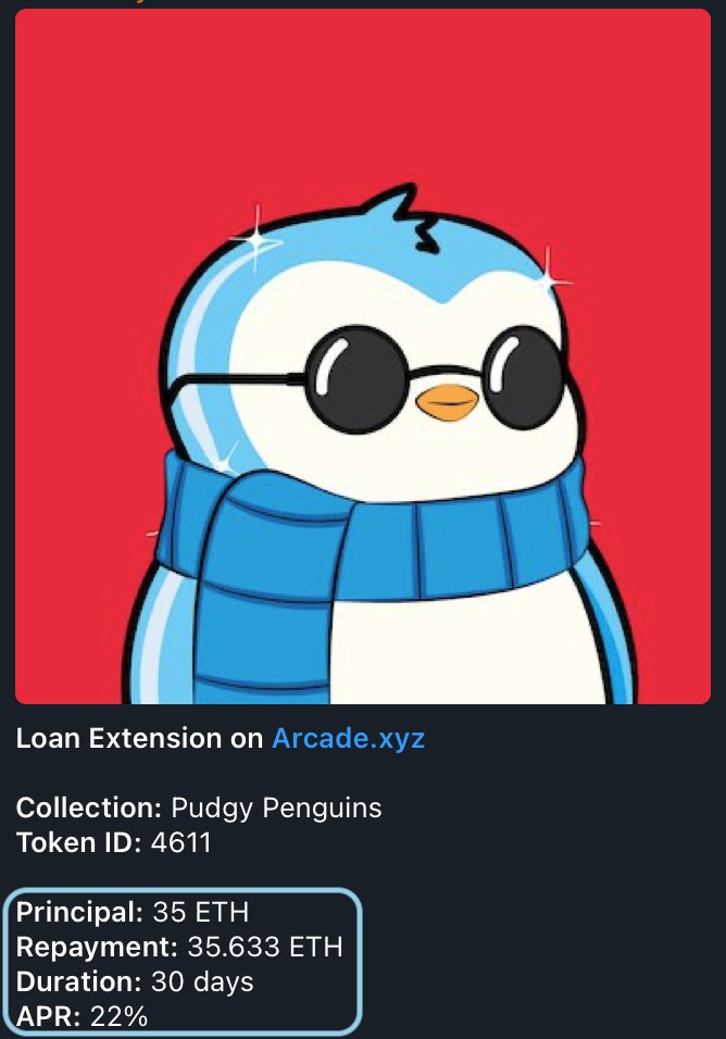 Someone borrowed 35 ETH using their Pudgy Penguin as collateral 🤯

It is a game changer for any holder of a rare Pudgy Penguin (or any other) NFT!
⬇️
Please meet Pengu 4611!

This cutie is #7 Pengu by OpenSea Pro Ranking 😎

The floor price is ~9 ETH. 

Basically, this means