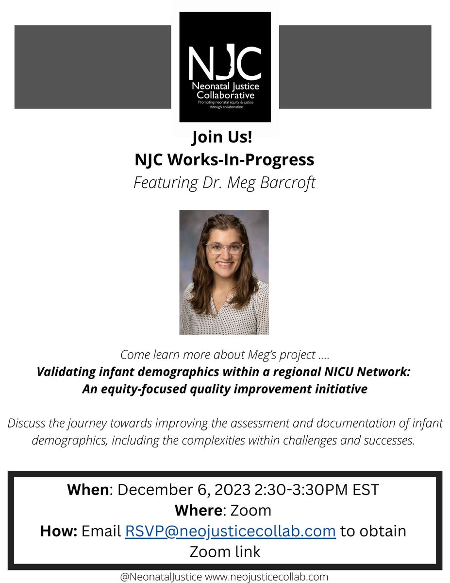 Register for TOMORROW's NJC Works-In-Progress event featuring Dr. Meg Barcroft from <a href="/nationwidekids/">Nationwide Children's Hospital</a> - "Validating #infant demographics within a regional #NICU network: An #equityfocused #qualityimprovement initiative."  DM or email for 🔗 <a href="/AAPneonatal/">AAP Neonatal</a> <a href="/AAPSOPT/">AAP Peds Trainees</a> <a href="/neo_twiter/">🤖#𝕟𝕖𝕠𝕋𝕨𝕚𝕥𝕥𝕖𝕣</a>