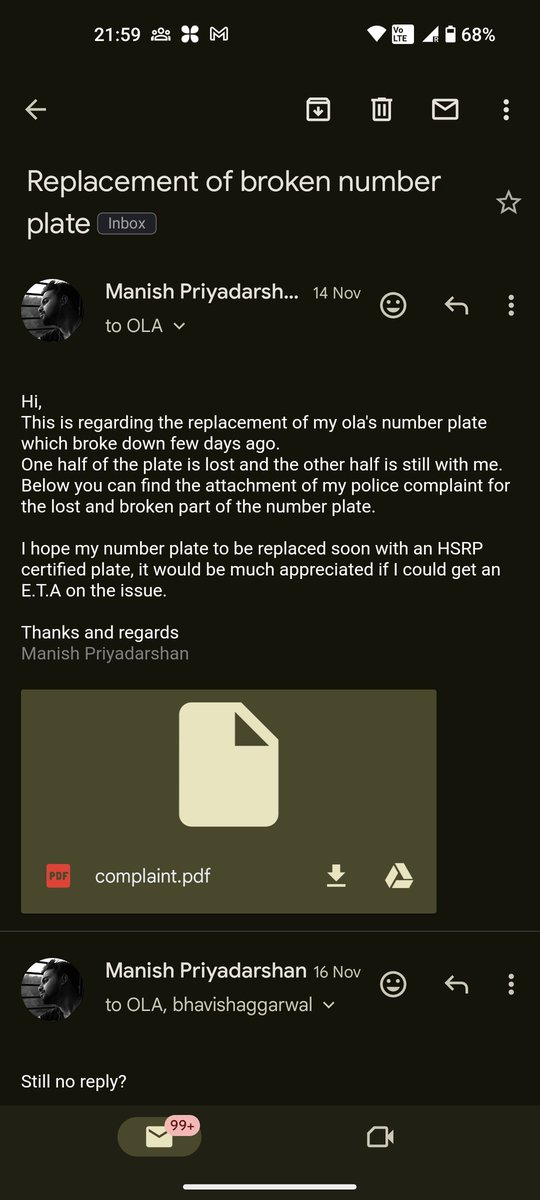 man_sh_p's tweet photo. @bhash I have been trying to get my number plate replaced for a month now. Now that govt has made it compulsory to get HSRP plate, I tried calling help lines but could not find any adequate response. I have lost all hope for the repair now...this is my final try.
No one responds https://t.co/HLfuCndDUf