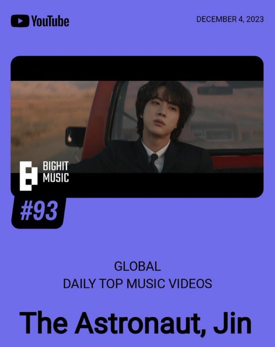📊 ¡El MV Astronaut de JIN debuta en la lista global diaria de mejores vídeos musicales de YouTube en el puesto 93!  🥳🎉

CONGRATULATIONS JIN
JIN TAKING THE LEAD
OUR SUPERHERO JIN
 #JIN #방탄소년단진