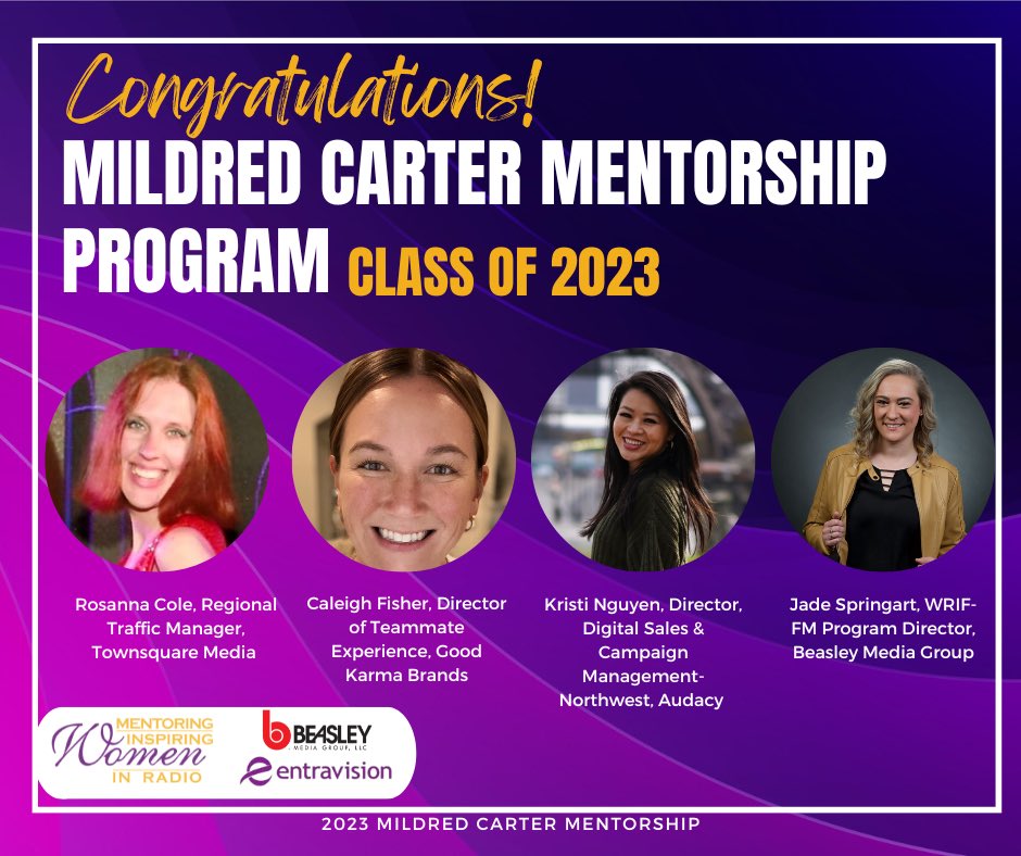 Congrats to the Class of 2023 MIW Mildred Carter Mentorship Program!

To learn more about the Class of 2023 and also some of the program’s former mentees please visit: radiomiw.com/mentees
#MIWRadio #WomenInMedia #WomenInAudio #MentoringInspiringWomen #MostInfluentialWomen