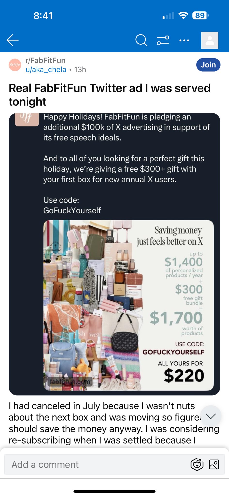 Lia Haberman on X: Oh no… someone on Reddit spotted a Fab Fit Fun ad  pledging ad dollars to Twitter “in support of free speech ideals” Code  GoFuckYourself — in reference to
