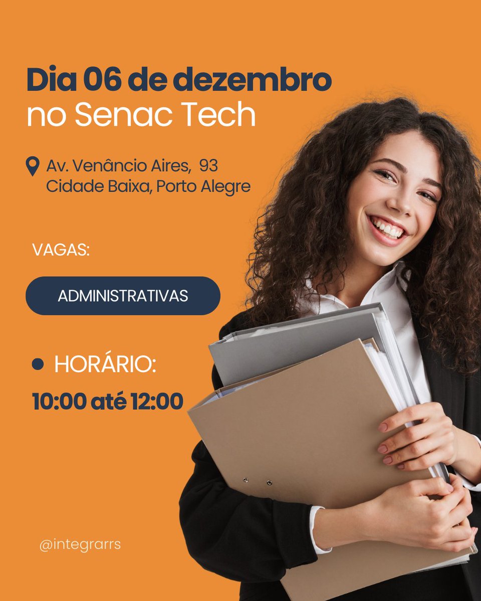 rhintegrar's tweet photo. Amanhã, dia 06/12/23, a INTEGRAR-RS estará presente no Feirão de Empregos exclusivo para vagas administrativas.

Data: 06/12/2023 (Quarta-feira)
Hora: das 10:00 às 12:00
Local: Senac Tech - Av. Venâncio Aires, 93 - Cidade Baixa, Porto Alegre.

Atualize seu currículo e vem! https://t.co/zF6vCvs93b