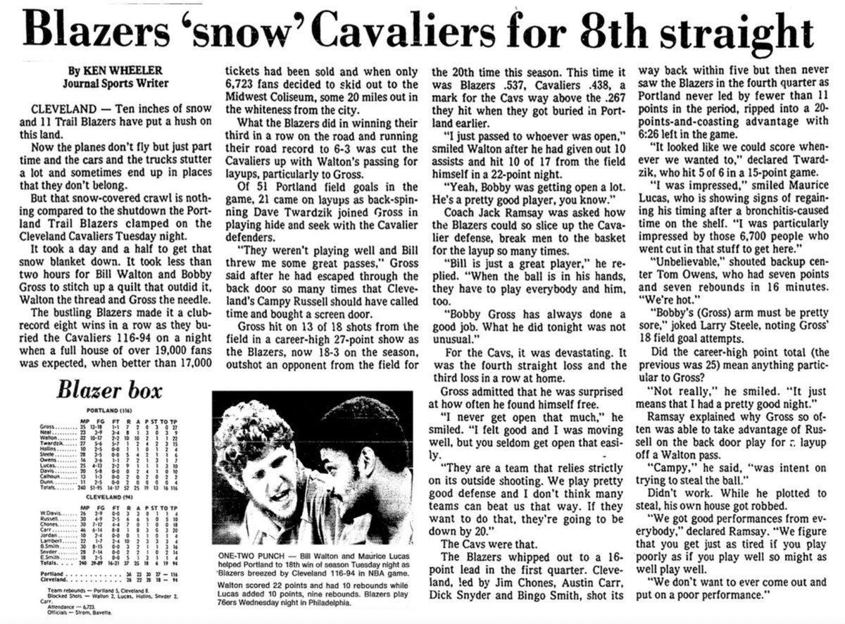 77Blazers's tweet photo. Dec 6 1977 - #BillWalton records his 4th &amp; final regular season triple-double w/@trailblazers victory vs @cavs. Walton finished w/22 pts, 10 rebs &amp; 10 asts. #BobbyGross led all scorers w/27 pts. Due to blizzard conditions, only 6723 of expected 19K showed

#RipCity https://t.co/5Bym1W3JO6