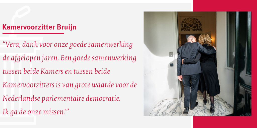 Vandaag heeft Tweede Kamervoorzitter @Vera_Bergkamp na elf jaar afscheid genomen van de Tweede Kamer (@2eKamertweets) en de Tweede Kamer van haar. Eerste Kamervoorzitter @Jan_Anthonie Bruijn is dankbaar voor de samenwerking: