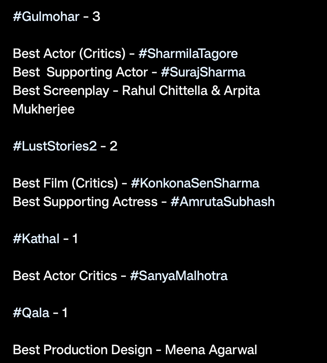 #FilmfareOTTAwards2023 👏

Web Original Films Winners 🏆

#Darlings - 5
#SirfEkBandaaKaafiHai - 4 
#MonicaOMyDarling - 4 
#Gulmohar - 3 
#LustStories2 - 2 
#Kathal - 1 
#Qala - 1 

#FilmfareOTTAwards #SharmilaTagore #ManojBajpayee #AliaBhatt #RajkummarRao #KonkonaSenSharma