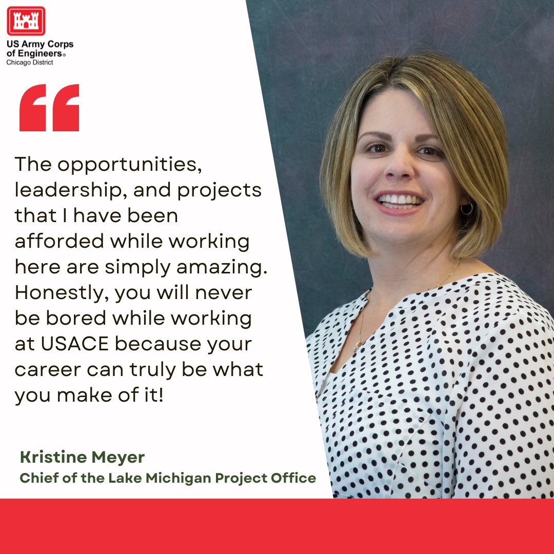 It's Employee Spotlight Day! Today, we are featuring Kristine Meyer’s journey with #USACEChicago.

She is the Chief of the Lake Michigan Project Office and has been with the district since 2016.

Check out more of her story on our socials: campsite.bio/usacechicago