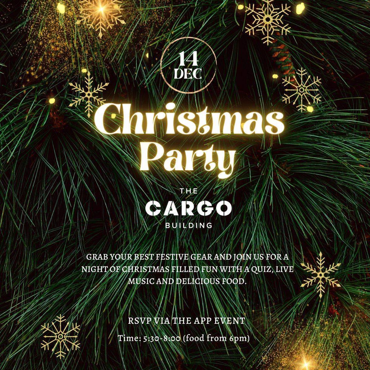✨ Christmas Party Time for Cargo Residents! Grab your best festive gear and join us for a night of Christmas filled fun with a quiz, live music and delicious food. 🎄 14th December Time: 5:30-8:00 (food from 6pm)