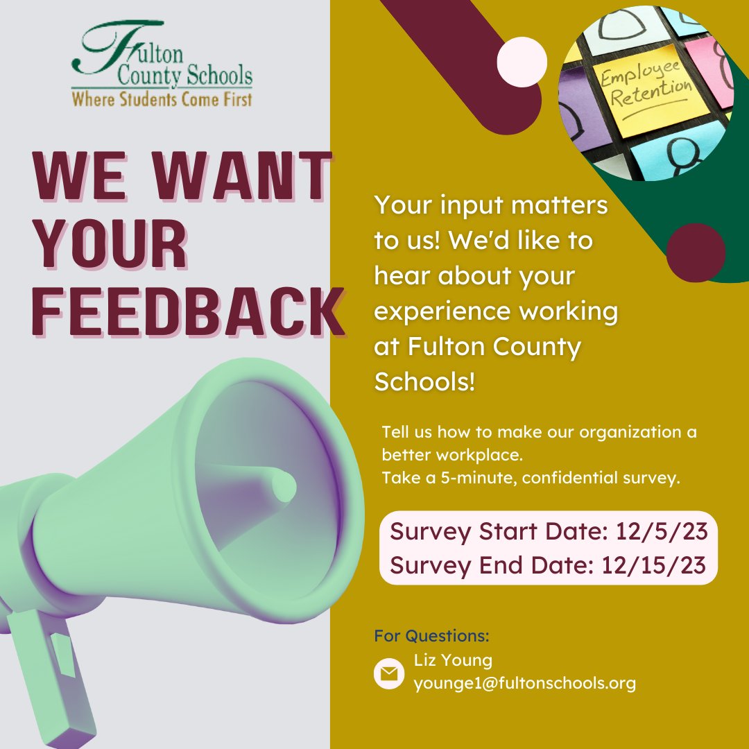 📢FCS Employees. We want to hear from You✍! We are conducting an employee engagement survey, so check your emails this week for the access link! Your feedback matters to us! 😀 Survey Window: 12/5 - 12/15