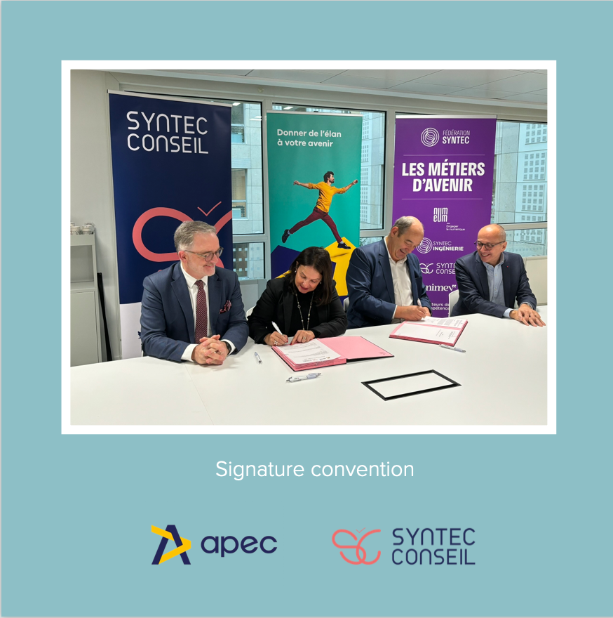 #ACTU 📰
Ce matin, @SyntecConseil et l’<a href="/Apecfr/">Apec.fr</a> ont signé un partenariat qui vise à renforcer la complémentarité de leurs actions pour favoriser la fluidité du marché de l'emploi des cadres 🤝

Retrouvez plus d'informations 👉 syntec-conseil.fr/actualites/syn…