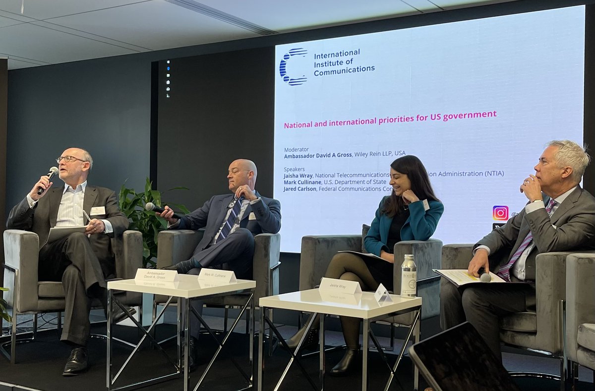 christinayiotis's tweet photo. International Institute of Communications 2023 Telecommunications &amp; Media Forum, North America @The_IIC panel on “National &amp; International Priorities for US Government” w/ Moderator @WileyRein @davidagross @NTIAgov @JaishaWray @StateDept Mark Cullinane @FCC Jared Carlson https://t.co/9QOYr1XJGF