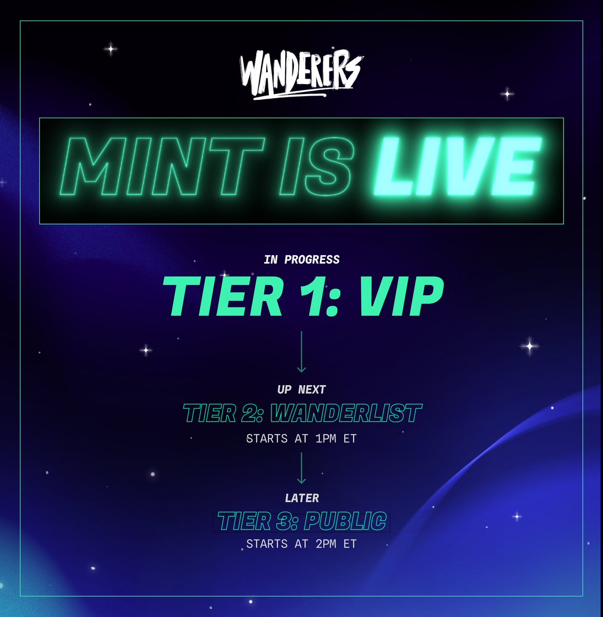 Wanderers's tweet photo. Tier 1 (VIP) is live now on @opensea ✨

Tier 2 (Wanderlist) begins in 1 hour.

Official mint link: https://t.co/r6rDVHK6tl https://t.co/GfHS22jFaQ