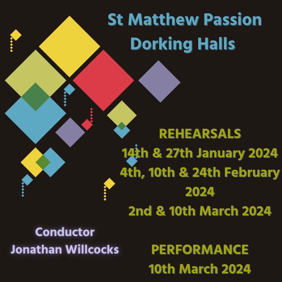 Our next performance - St Matthew Passion - is on Sunday 10th March. Join us for the six rehearsals (starting in January) @DorkingHalls @RoyalPhilSoc @gesspeaking @willcocks_j @thamesconcerts #music #choir #singing #festival #choral #classicalmusic #dorking #surrey