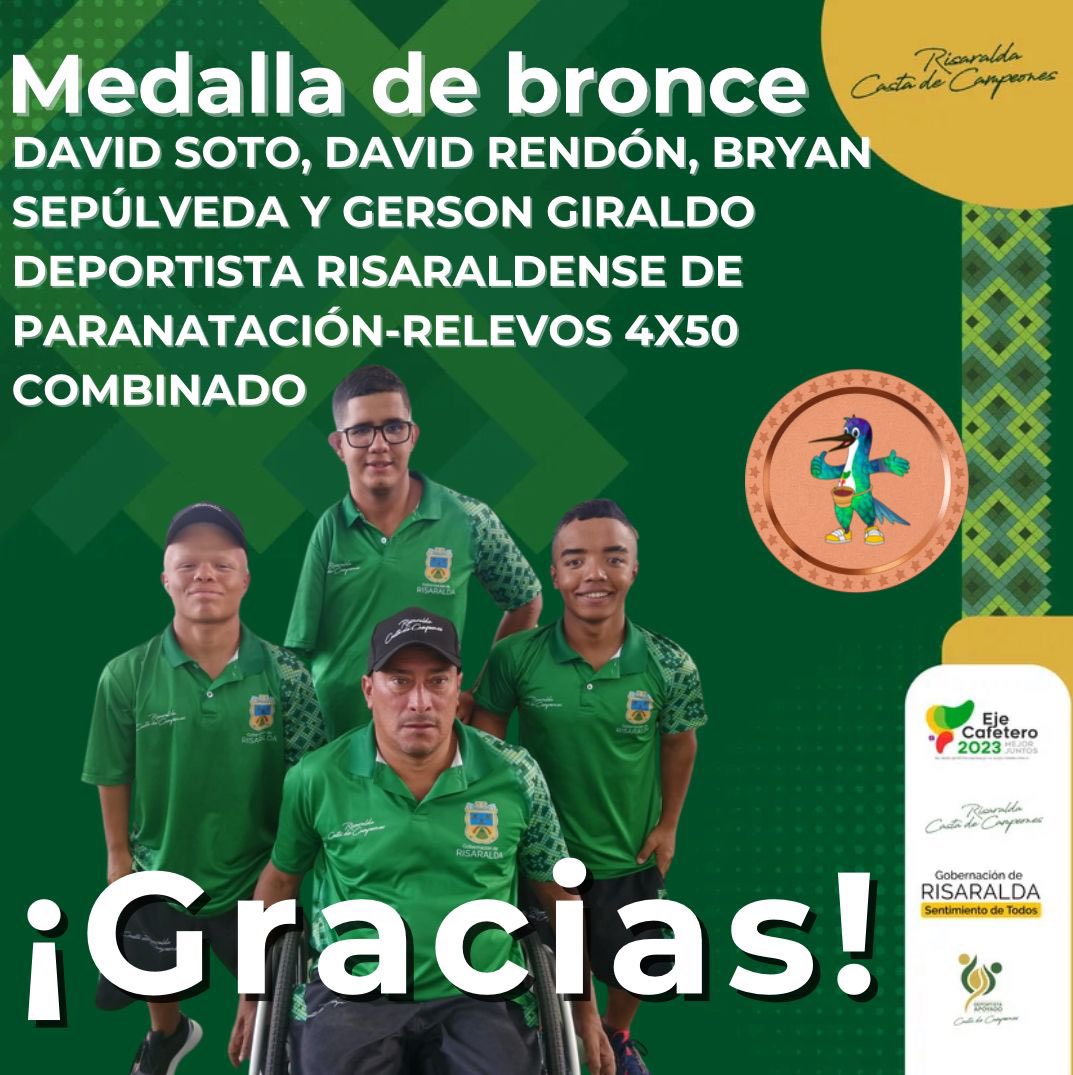🥉Equipo risaraldense de paranatación ganó medalla de bronce en los relevos de los Juegos Paranacionales 🏊🏻
👉🏻Los risaraldenses David Soto, Bryan Sepúlveda, David Rendón y Gerson Giraldo ganaron la medalla de bronce en la modalidad de relevos 4*50 combinado. 💪🏼