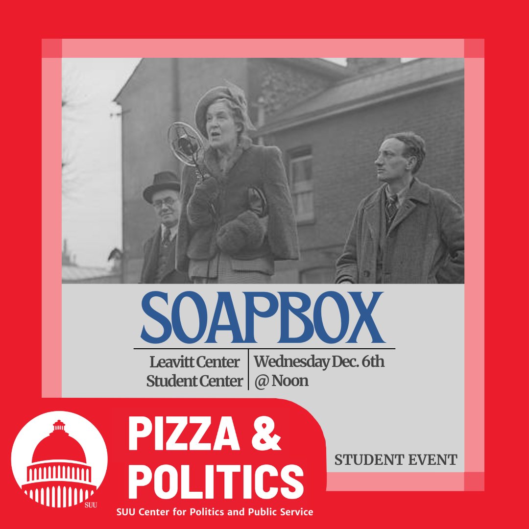 DON'T FORGET!  The last Pizza and Politics of the semester is tomorrow, December 6th, at noon.  It will be a soap box, so come ready with a topic to discuss.  Bring a friend and grab a slice! 🍕

#suuleavittcenter #suu #leavittcenter #tbirdnation #pizzaandpolitics
