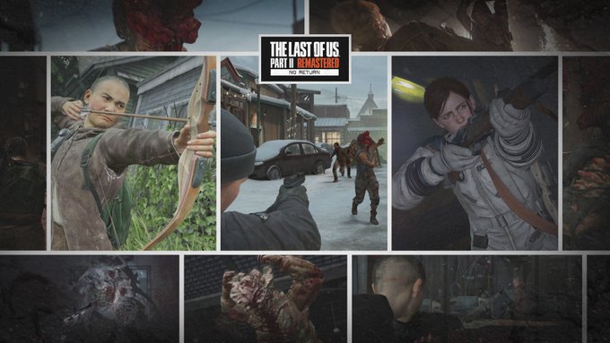 A collage of images with the logo for "The Last of Us Part II Remastered" in the upper center. In the left center photo: Lev pulling back an arrow. In the center photo: Abby aiming at a clicker in Jackson. In the right center photo: Ellie holding a shotgun while wearing her Astronaut skin.
