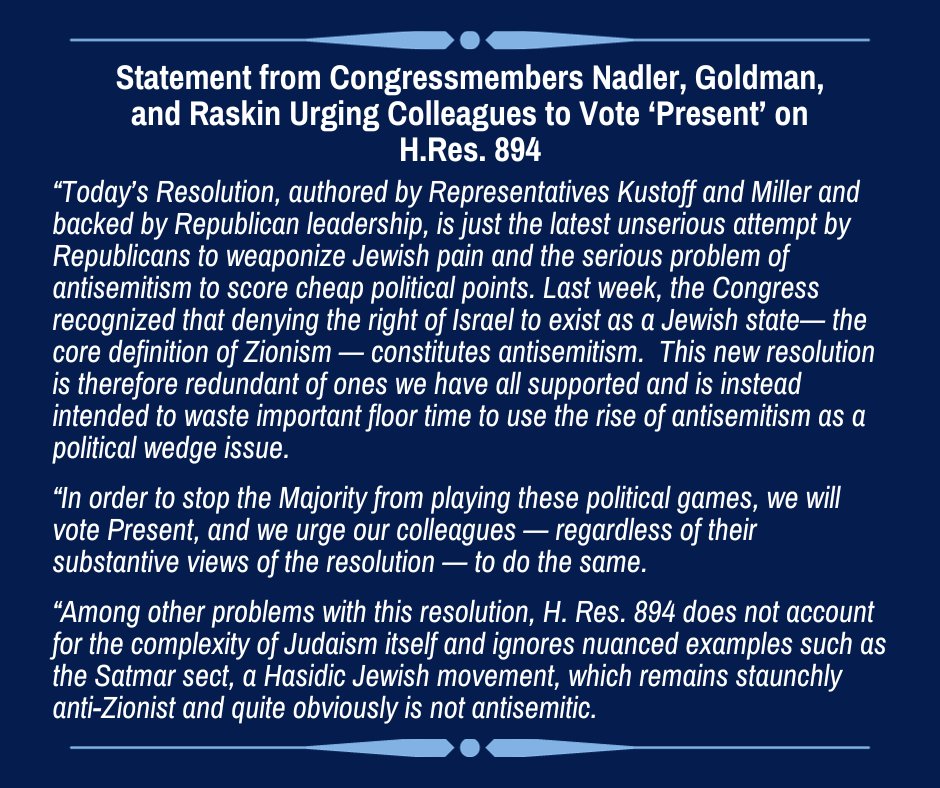 RepDanGoldman's tweet image. My statement with @RepJerryNadler and @RepRaskin urging colleagues to vote 'present' on H.Res. 894:
