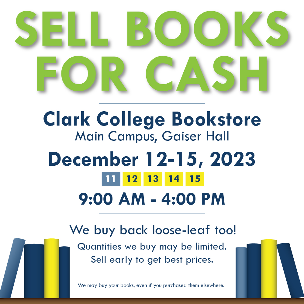 ClarkBookstore's tweet photo. Do you have any textbooks that you no longer need? Let us help! Swing by the Clark Bookstore in Gaiser Hall from December 12-15 and sell them for cash. The quantities needed may be limited, so sell early to get the best prices! https://t.co/9G3dYRcDm5