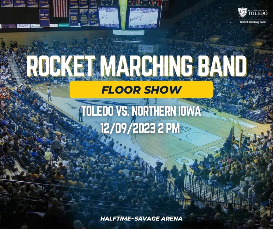 This Saturday the Rocket Marching Band takes the court! Come see us at halftime during the Toledo Men’s Basketball game against Northern Iowa.