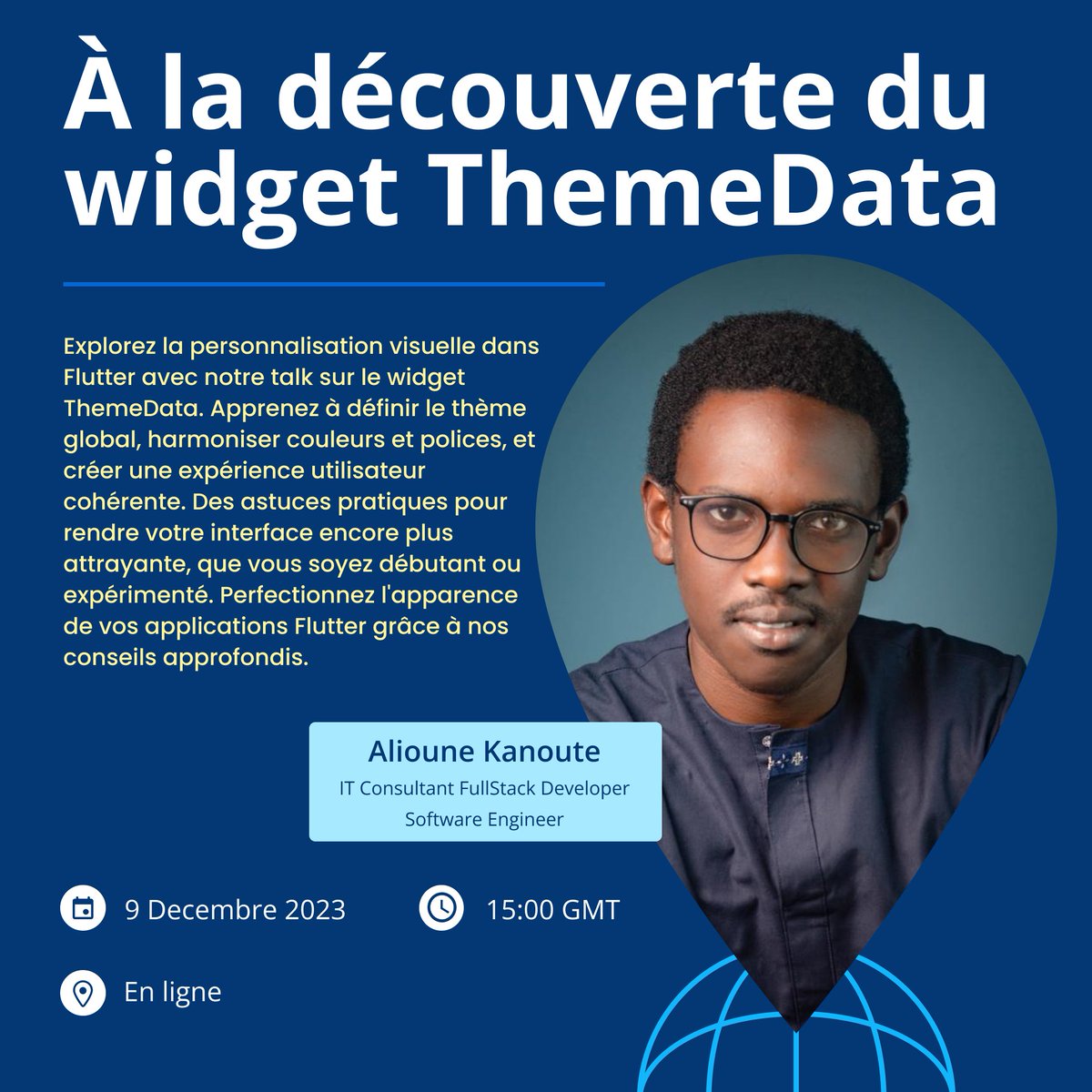 FlutterDakar's tweet image. 🚀 Rejoignez-nous, en ligne 👩🏾‍💻, ce samedi 9 décembre 2023 à 15:00 GMT 🕒 pour la 1ere edition du Flutter Learn From Experts💙 
@alioune_kanoute nous fera une présentation captivante sur le Theming🎨🖌
🛠 RSVP ici: meetup.com/fr-FR/flutter-…
#FlutterLearnFromExperts #flutter