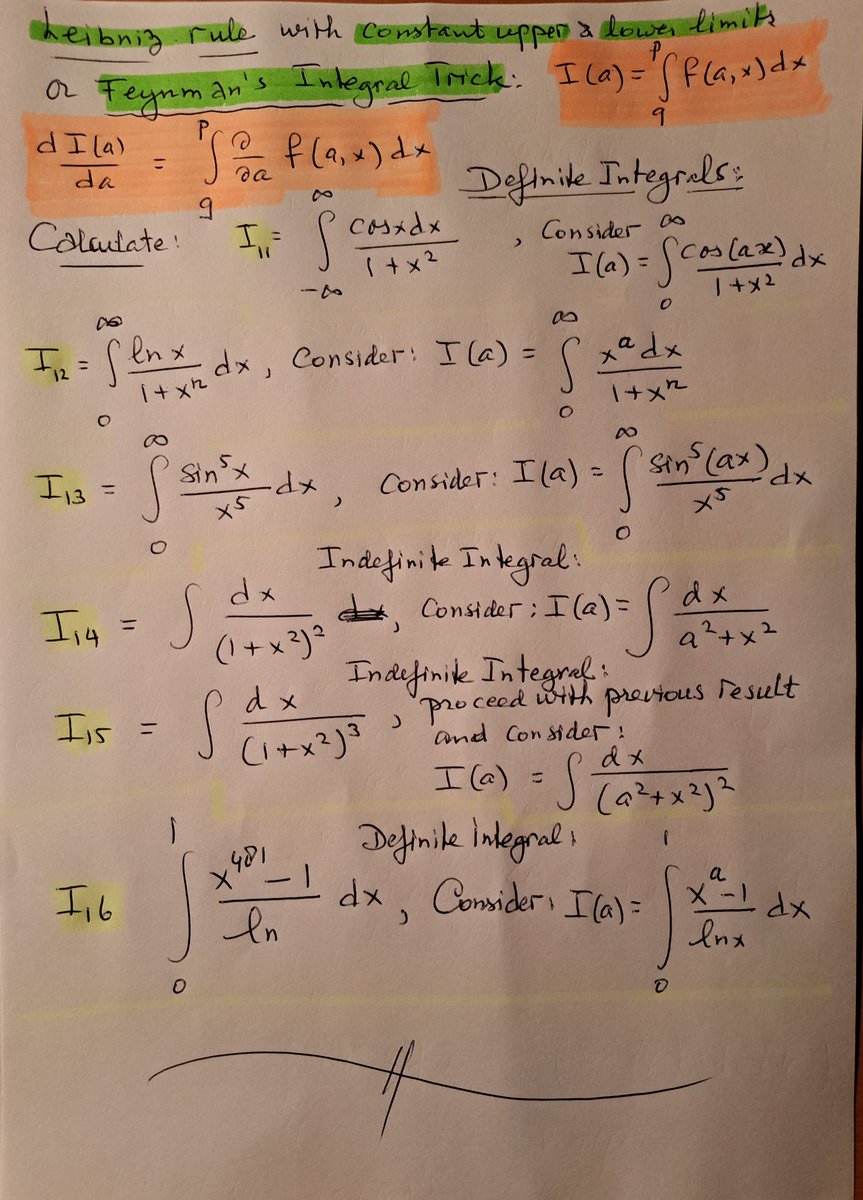 pascalkwanten's tweet image. 👉"Leibniz' Rule" with constant upper & lower integral limits also known as 💡"Feynman's Integral Trick":
Compute the following integrals using this trick and show your results:
(Note I₁₁ can also be calculated by complex/contour integration, ☝️"Cauchy's Residue Thm"):