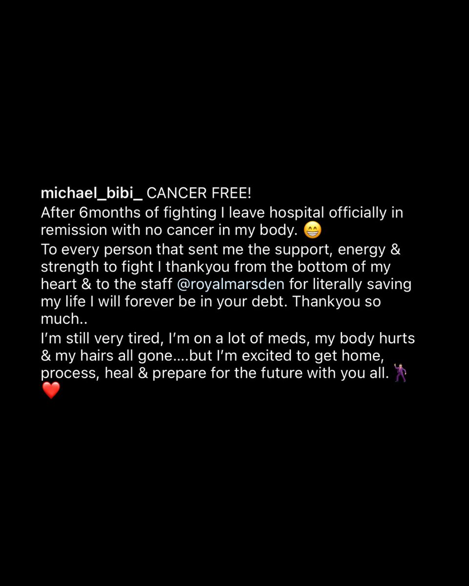 .<a href="/MichaelBibi1/">Michael Bibi</a> is officially cancer free 🖤

“After 6months of fighting I leave hospital officially in remission with no cancer in my body.”

(📸: michael_bibi_/IG)