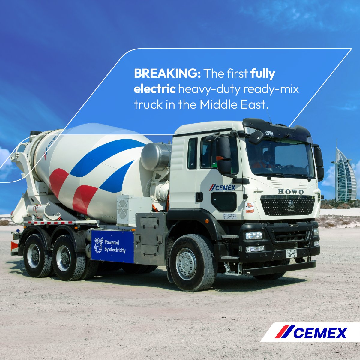 CEMEX's tweet photo. Fully electric and zero emissions! 
Our newest #electric concrete truck, the first in the Middle East is now fully operational. It can handle a full load of #concrete and complete an average full workday with a single recharge. 🔋 

We’re committed to becoming a #NetZero company by 2050 and further developing technologies like this so they can become available at scale is part of the roadmap. We’ll keep collaborating with manufacturers around the world to make it happen. #BuildingABetterFuture