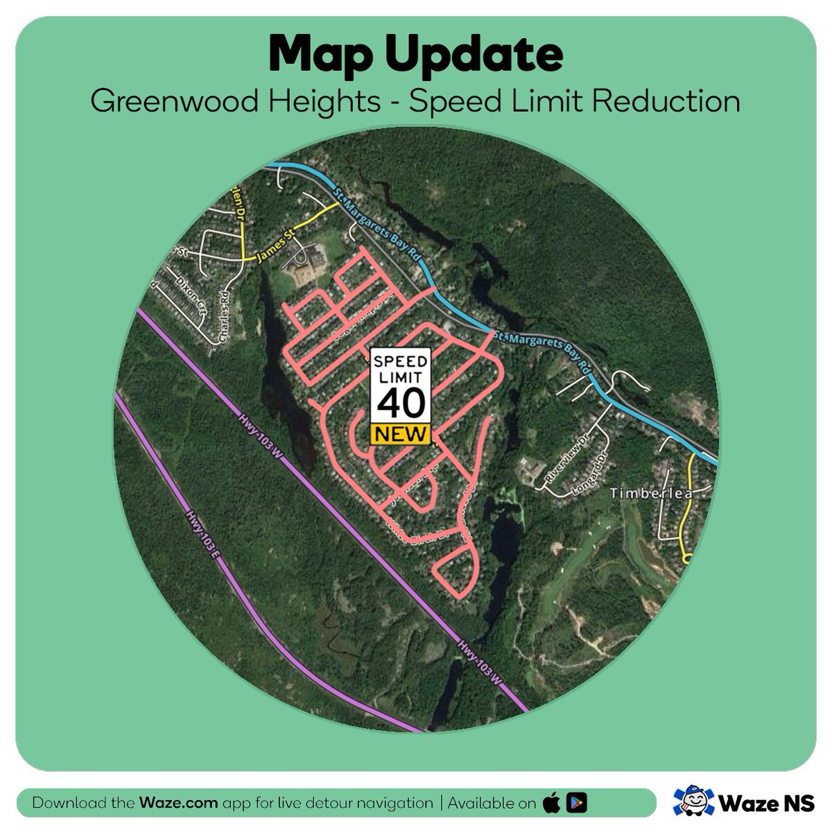 Waze_NS's tweet image. The speed limits in the Greenwood Heights subdivision will be changed by crews starting December 6. We have updated the Waze map to reflect these new speed limits on the app.  
#mapupdate #hfxtraffic 

From @hfxgov: The Halifax Regional Municipality is advising residents that