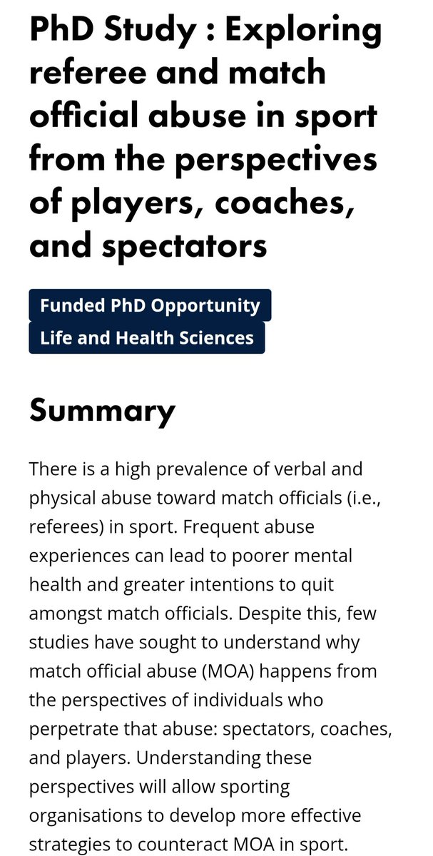 Two new PhD research opportunities with me & colleagues at @UlsterUniPsych. Both programmes are based on current work with match officials (referees) in sport All applications welcome. Reposts welcome too! Details of both programmes and how to apply below. Closing 5th Feb 2024.