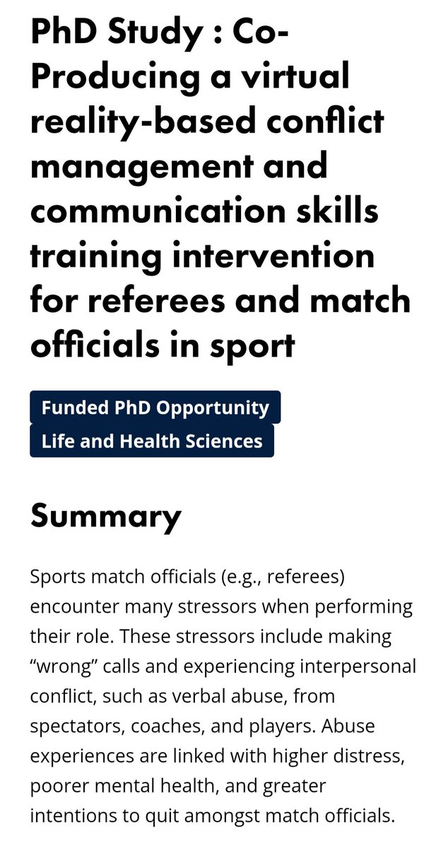 First, Co-Producing a virtual reality-based conflict management and communication skills training intervention for match officials in sport, supervised with @SShannon978 (@UlsterUniSport) and Prof Cathy Craig @incisivsport Link for more info: ulster.ac.uk/doctoralcolleg…