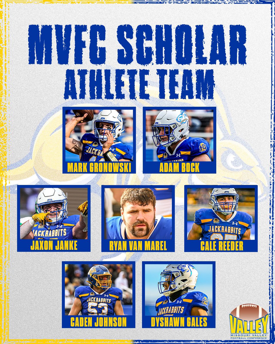 Your MVFC Scholar-Athlete Team….

𝟏𝐬𝐭 𝐓𝐞𝐚𝐦: Mark Gronowski and Adam Bock 
𝟐𝐧𝐝 𝐓𝐞𝐚𝐦: Jaxon Janke, Ryan Van Marel, Cale Reeder and Caden Johnson. 
𝐇𝐨𝐧𝐨𝐫𝐚𝐛𝐥𝐞 𝐌𝐞𝐧𝐭𝐢𝐨𝐧: DyShawn Gales 

#GoJacks 🐰🏈