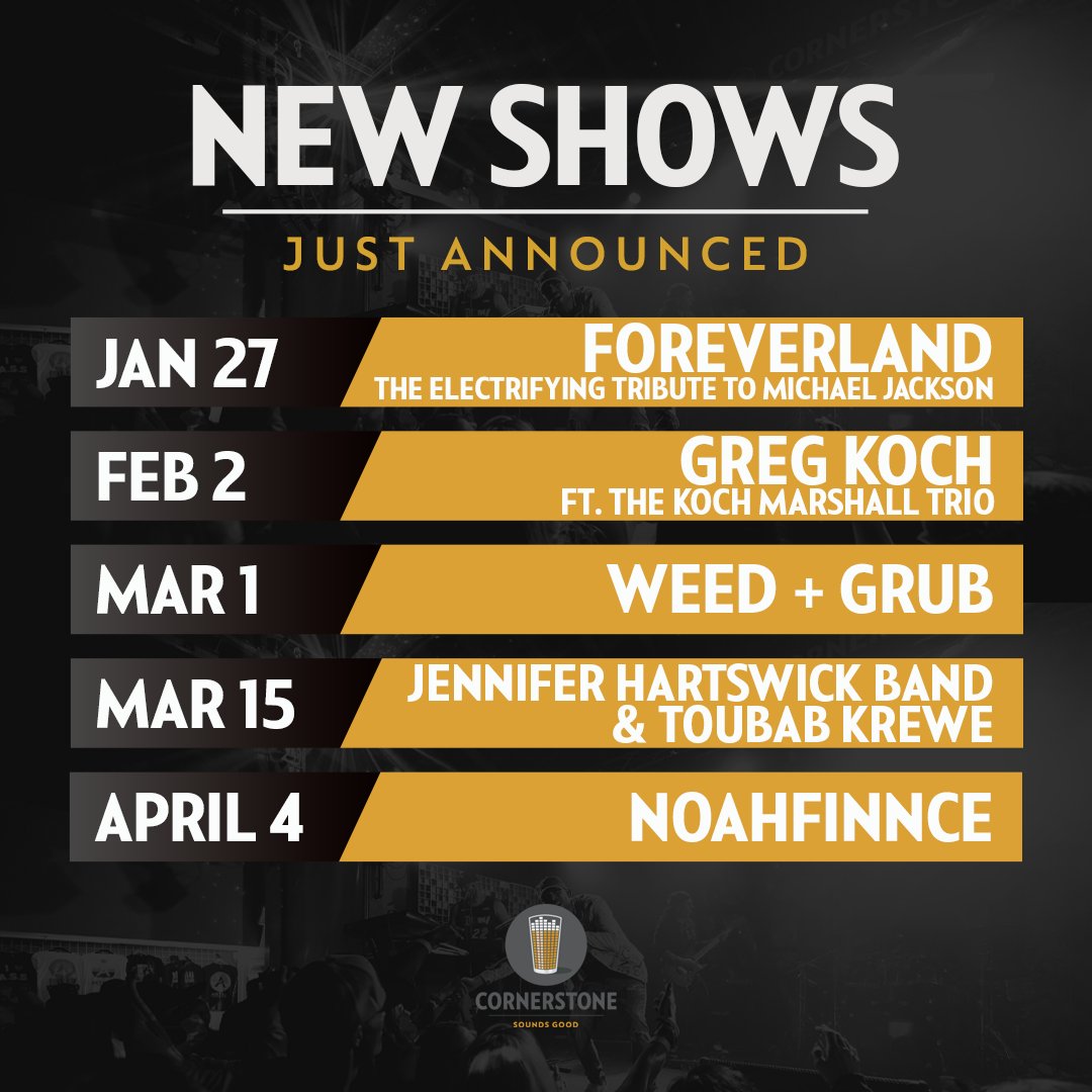 📢 New shows announced! Don't miss these ones coming to Cornerstone Berkeley 🔥 Jan 27 | Foreverland: An Electrifying Tribute to the Music of Michael Jackson Feb 02 | Greg Koch Mar 01 | Weed + Grub Mar 15 | Jonah Hartswick & Toubab Krewe April 4 | Noahfinnce