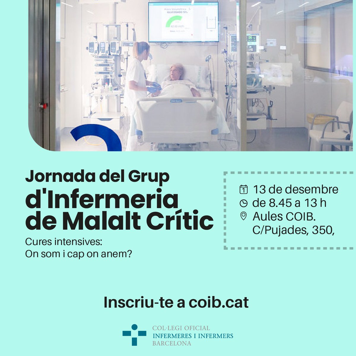 Ja us heu inscrit a la Jornada "Cures intensives: on som i cap on anem"?
📆13 de desembre 
⏰8:45h 
Organitzen el Grup d'Infermeria de Malalt Crític del #COIB i la Societat Catalana de Medicina Intensiva i Crítica (<a href="/SOCMIC/">SOCMIC</a>).  

T'hi esperem! 

Informació a
bit.ly/46LOq11