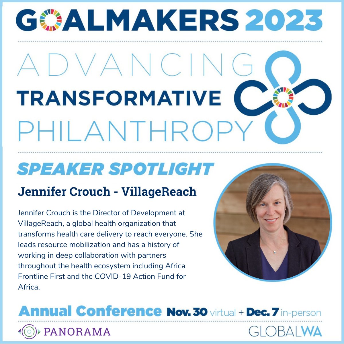 We’re excited to introduce another speaker of our upcoming @GlobalWA  #Goalmakers2023 panel, “Transforming Impact Philanthropy,' Jennifer Crouch of @VillageReach!

Register for the conference here: bit.ly/3sAXJTb