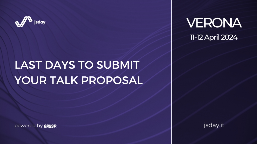 Apply to the #CFP and become #jsday speaker:
👉sessionize.com/jsday-2024/ 

You have time until 15.12.23

Looking forward to meeting you in 📍 Verona on 📅 11th and 12th April, 2024 
🎫 jsday.it

@grusp #reactjsday #react #reactjs #javascript #js