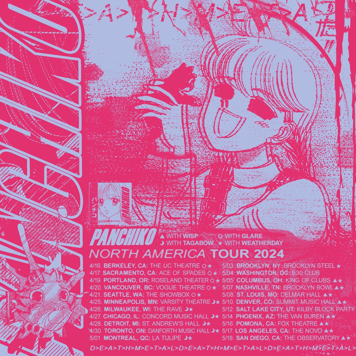 Weatherday_PC's tweet photo. Huge news y’all! I’m going on tour with Panchiko this spring! My lovely live band will be joining me, we ball! Tickets go live December 8th🩸🌨️🐝🩹 https://t.co/ciuuimsgxu