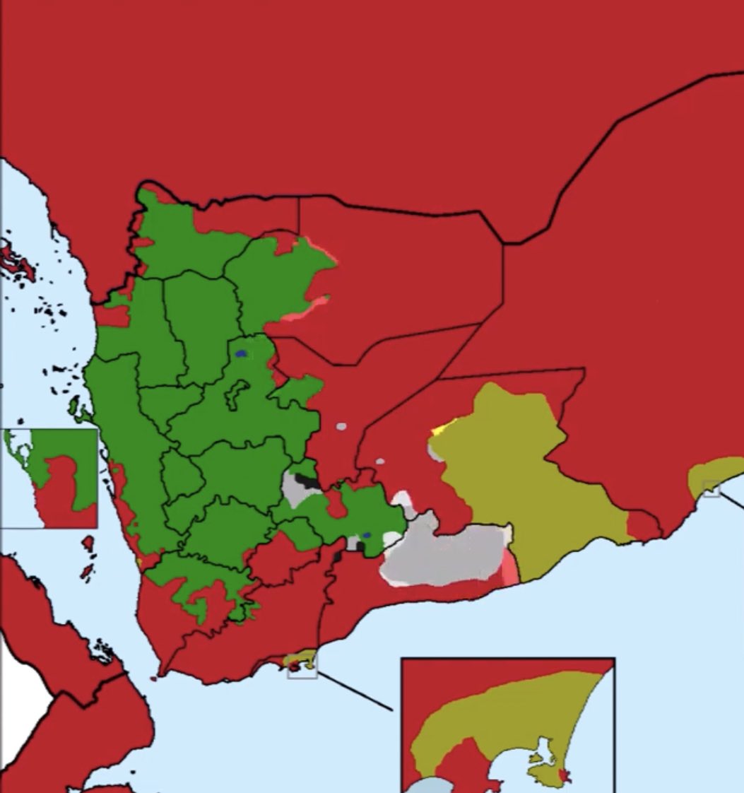 #تمرة💢|| الحوثي قبل وبعد عملية عاصفة الحزم السعودية🇸🇦:

كانت ميليشيات الحوثي تسيطر على نصف البلاد باللون الاخضر🟢
قام السعوديين بإيقافهم وحشرهم في مساحة 15% كالفئران 

-📌: واجه الحوثيين اكبر هزيمة قاسية ولم يتبقى لهم سوى 3 محافظات يحكمونها بشكل كلي و مطار واحد فقط ويجب عليهم