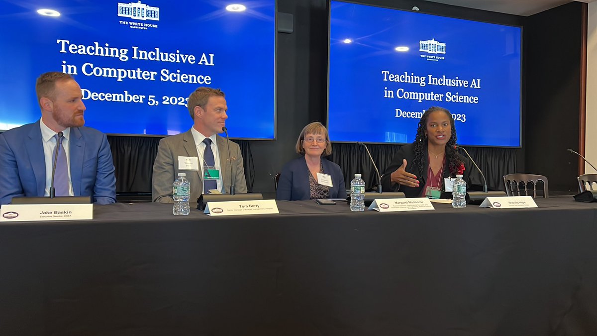 csteachersorg's tweet photo. ‘We need a coalition of everyone to do this correctly for the future- a focus on working together and computational thinking.’ Shanika Hope, director tech education Google. #csta #whitehouse #csedweek #aiineducation @mrsyorkme https://t.co/aQxphokFIv