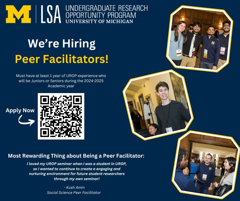 UROPumich's tweet photo. We're Hiring Peer Facilitators!
You must have at least 1 year of UROP experience who will be Juniors or Seniors during the 2024-2025 academic year. Join our team today: https://t.co/hwLhFilRyR  

#UROP💙 
#Michigan💛 
#PeerFacilitators 💙 https://t.co/2NqvDvYDJc
