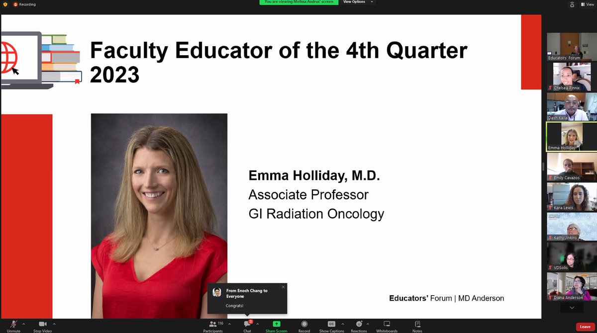 Congratulations to one of the most committed educators I know- the extraordinary @DrEmmaHolliday on winning the @MDAndersonNews Educator of the Quarter. I’m lucky to call her a partner in education. @ACKoongMDPhD @PrajnanDasMD @yogagirldd
