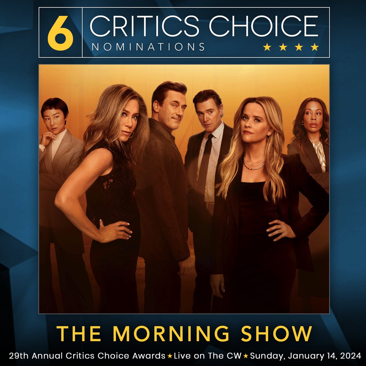 'The Morning Show' leads with six nominations among the contenders for the 29th Annual Critics Choice Awards. @TheMorningShow @AppleTV #TheMorningShow #CriticsChoiceAwards #CriticsChoice
