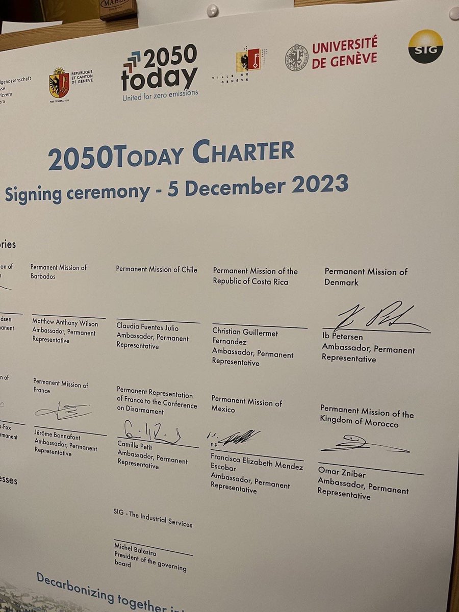 Proud to sign #2050Today Charter. 
The 🇩🇰Mission has thereby committed to reach net zero GHG emissions by 2050. 🌎
#2050Today is a #ClimateAction measuring and reducing the carbon footprint of @Geneve_intTogether.
#Greentogether