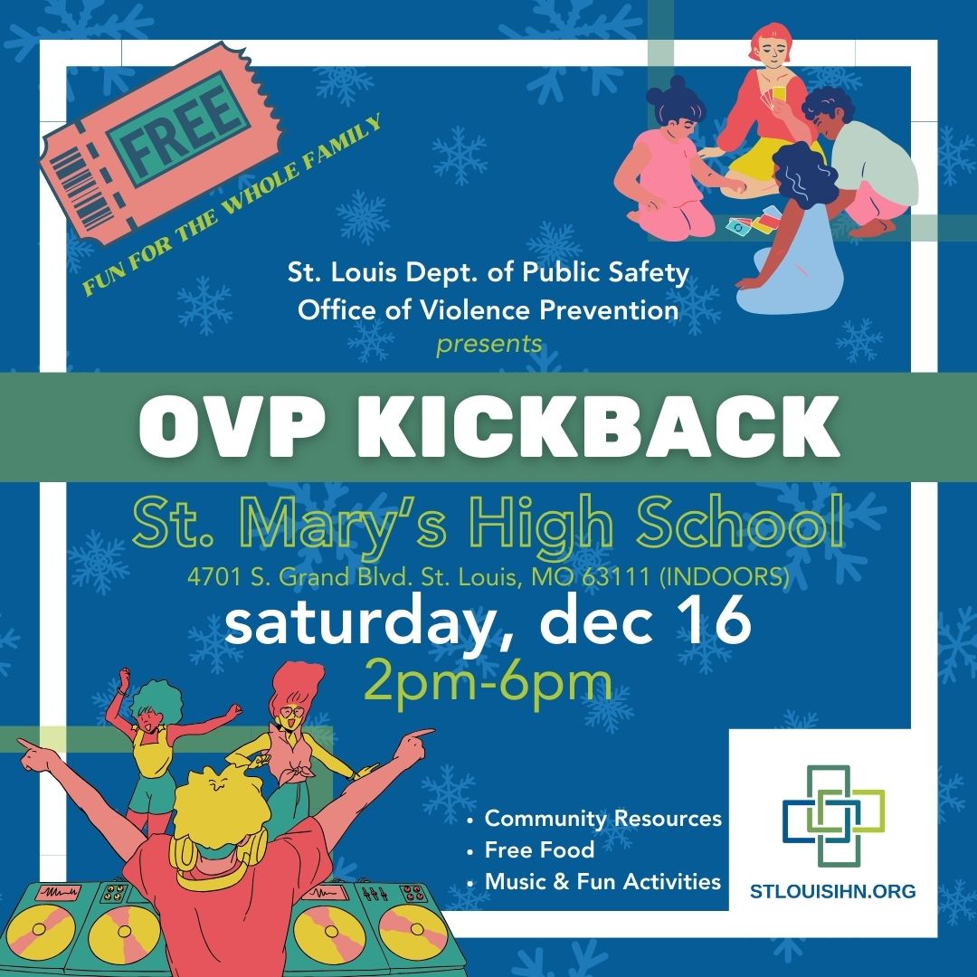 STL_IHN's tweet image. Join us for the “OVP Kickback!” on Sat, DEC 16, 2pm-6pm, St. Mary's High School, 4701 S. Grand Blvd., St. Louis 63111 (Indoors) 

FREE event includes:
1. FREE food! 
2. Music &amp;amp; Entertainment
3. Family Friendly Activities
4. Community Resources

#3StepsBack #DPS #OVPKickback
