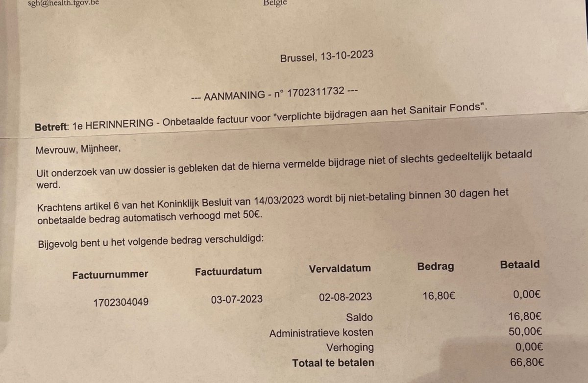 @be_gezondheid een factuur van 16,8 euro waar jullie  50 euro aanmaningskosten aanrekenen terwijl op de site van Belgium.be staat dat het niet meer mag vanaf 1/9 ... begrijpen wie begrijpen kan...