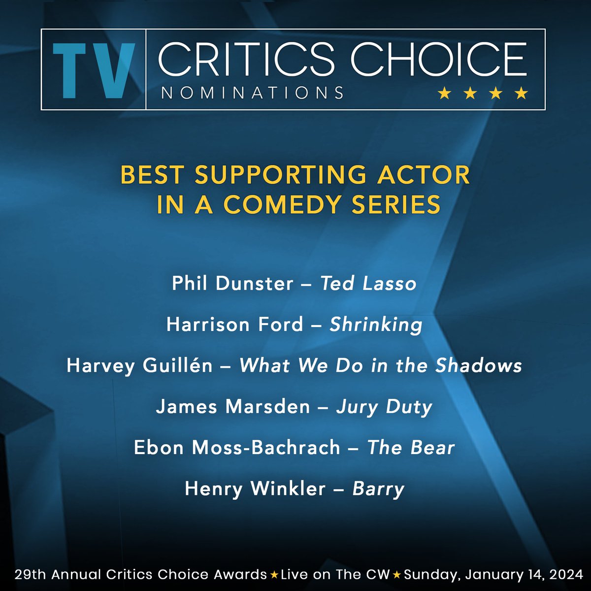 Harrison Ford is nominated for the Best Supporting Actor in a Comedy Series at Critics’ Choice Awards.